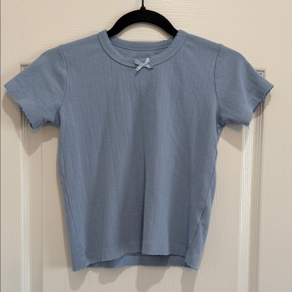 Daily Drills!!! Pointelle Ribbed Short Sleeve Top with Front Bow